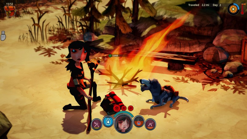 The Flame in the Flood - Scout's camped in front of a campfire, Aesop by her side