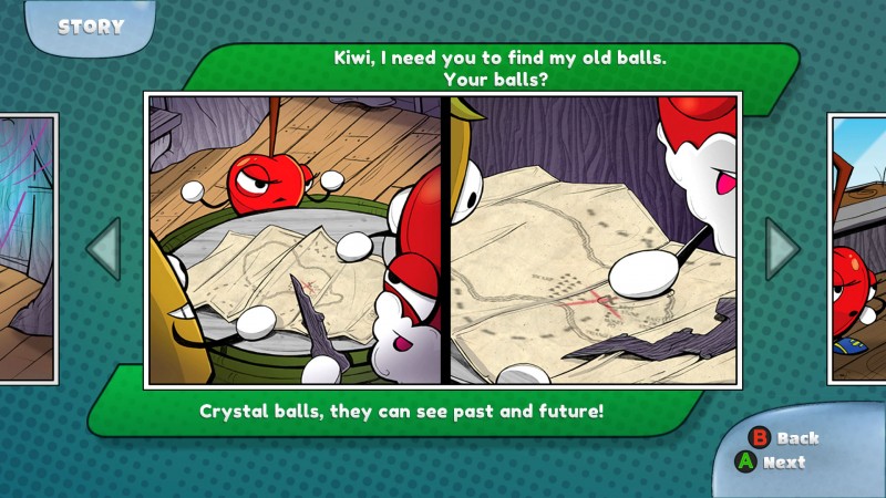 A screenshot from Organic Panic showing a conversation between a cherry and a kiwi fruit